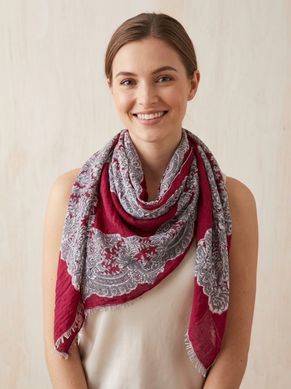 Womens Paisley Border Scarf in Burgundy